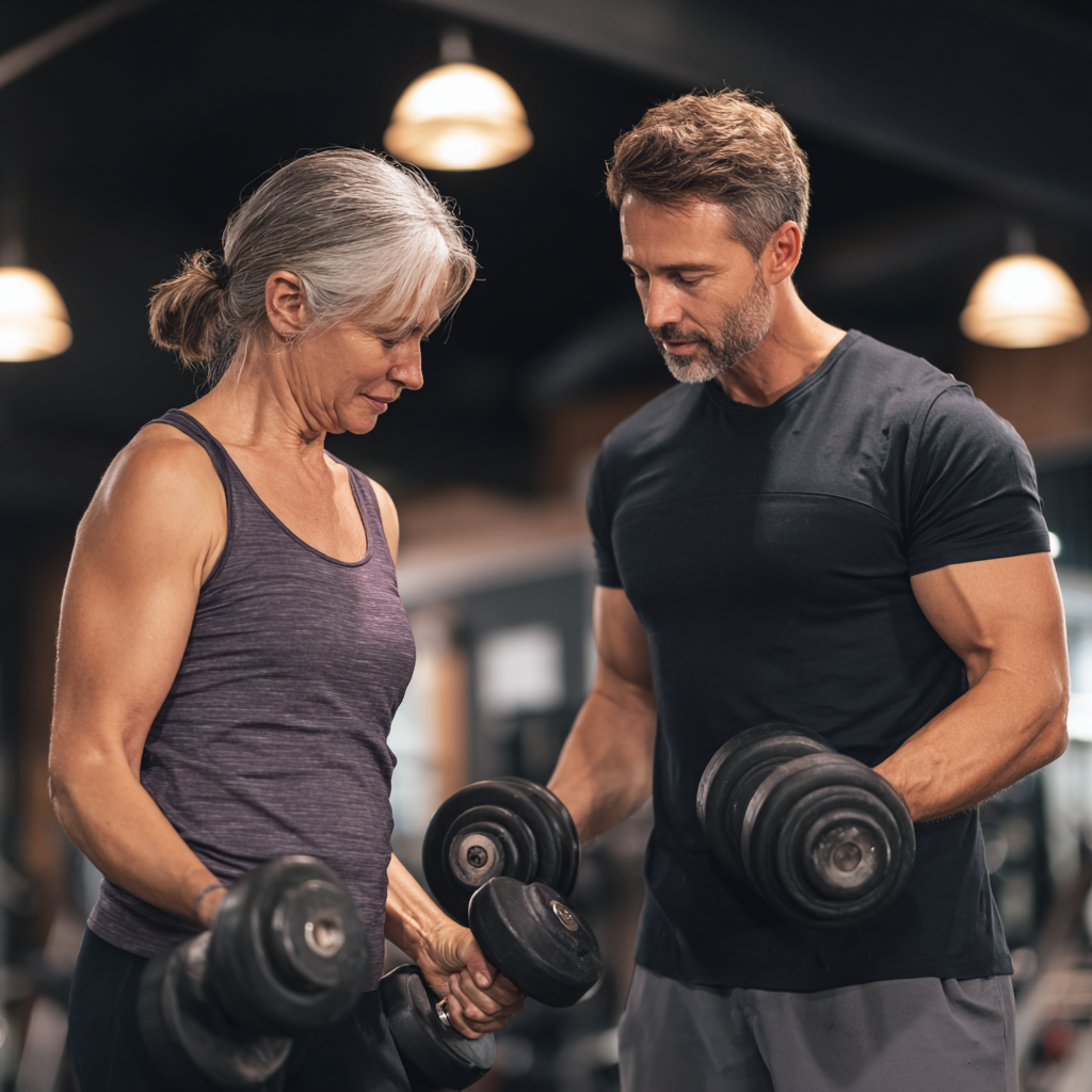 Персональний тренер працює з жінкою 52 років, демонструючи правильну техніку виконання вправ з гантелями в затишному спортзалі
